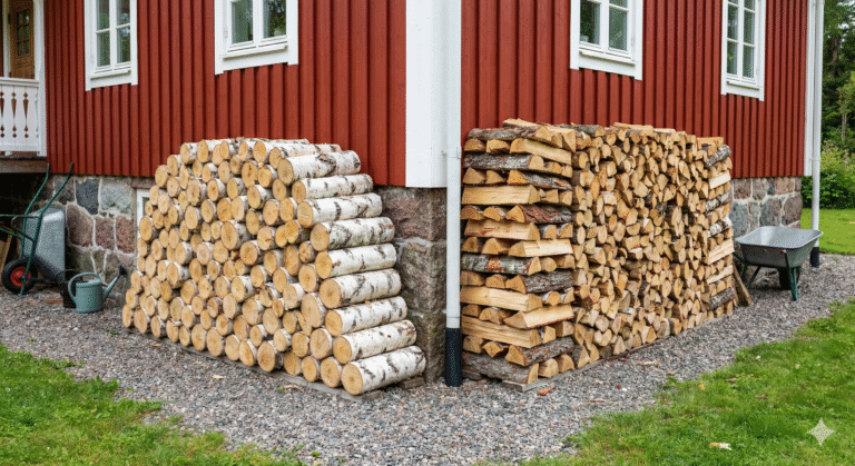 Bjørkeved vs blandingsved – stablet ved av bjørk og blandingsved foran et hus