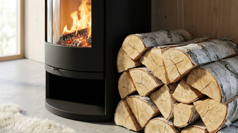 Riktig fuktighet på ved – tørr bjørkeved stablet ved vedovn i norsk stue.
