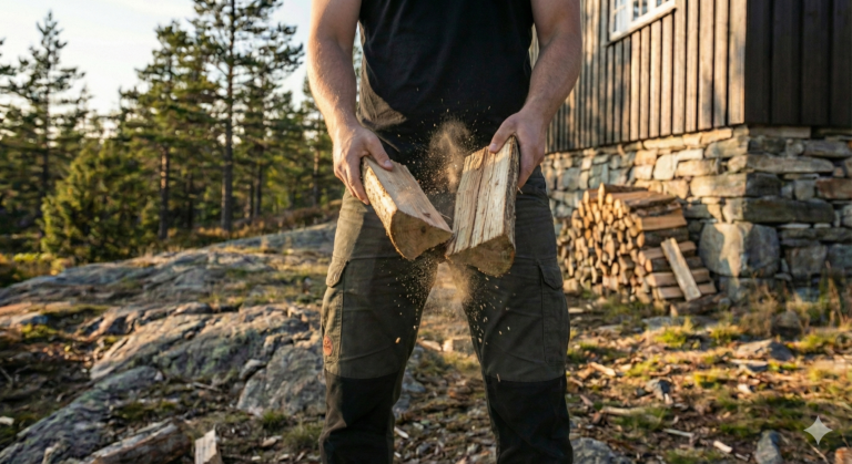 Banketest av ved: To vedkubber slås mot hverandre for å sjekke om veden er tørr. Tørr ved gir lys og hul klang, mens våt ved gir dump lyd.