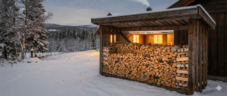 Stabel med bjørkeved og blandingsved ute ved norsk hytte en vinterkveld, brukt som illustrasjon for billig ved i Norge