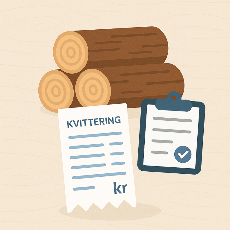 Illustrasjon av vedkubber sammen med kvittering og sjekkliste som symboliserer ryddig salg av ved, pris og dokumentasjon