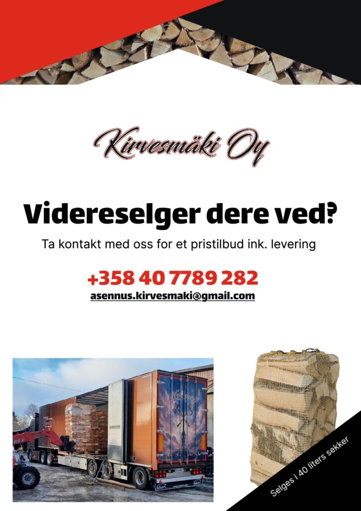 Vi selger finsk bjørkeved i 40-liters sekker, levert og tollklarert.Nok ved!!